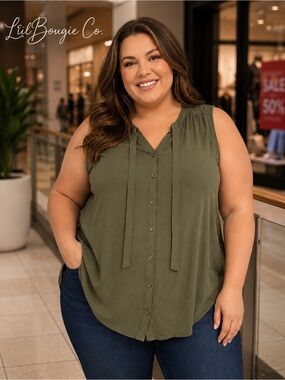 Torrid Olive Green Sleeveless Blouse Size 1 (1X) Flowy Button Front Tie Neck Top